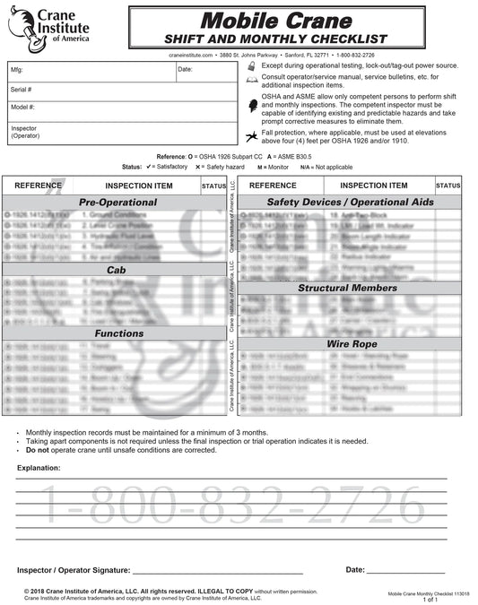 Mobile Crane - Shift and Monthly Checklist