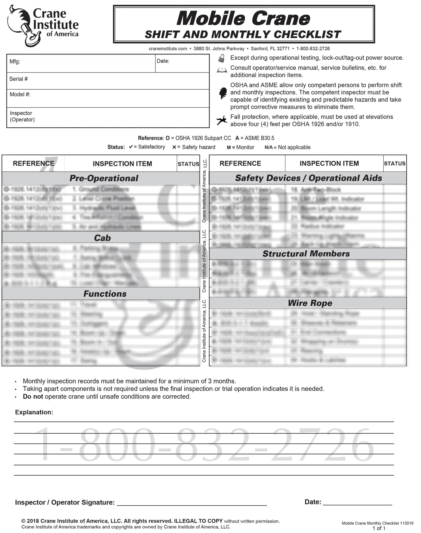 Mobile Crane - Shift and Monthly Checklist